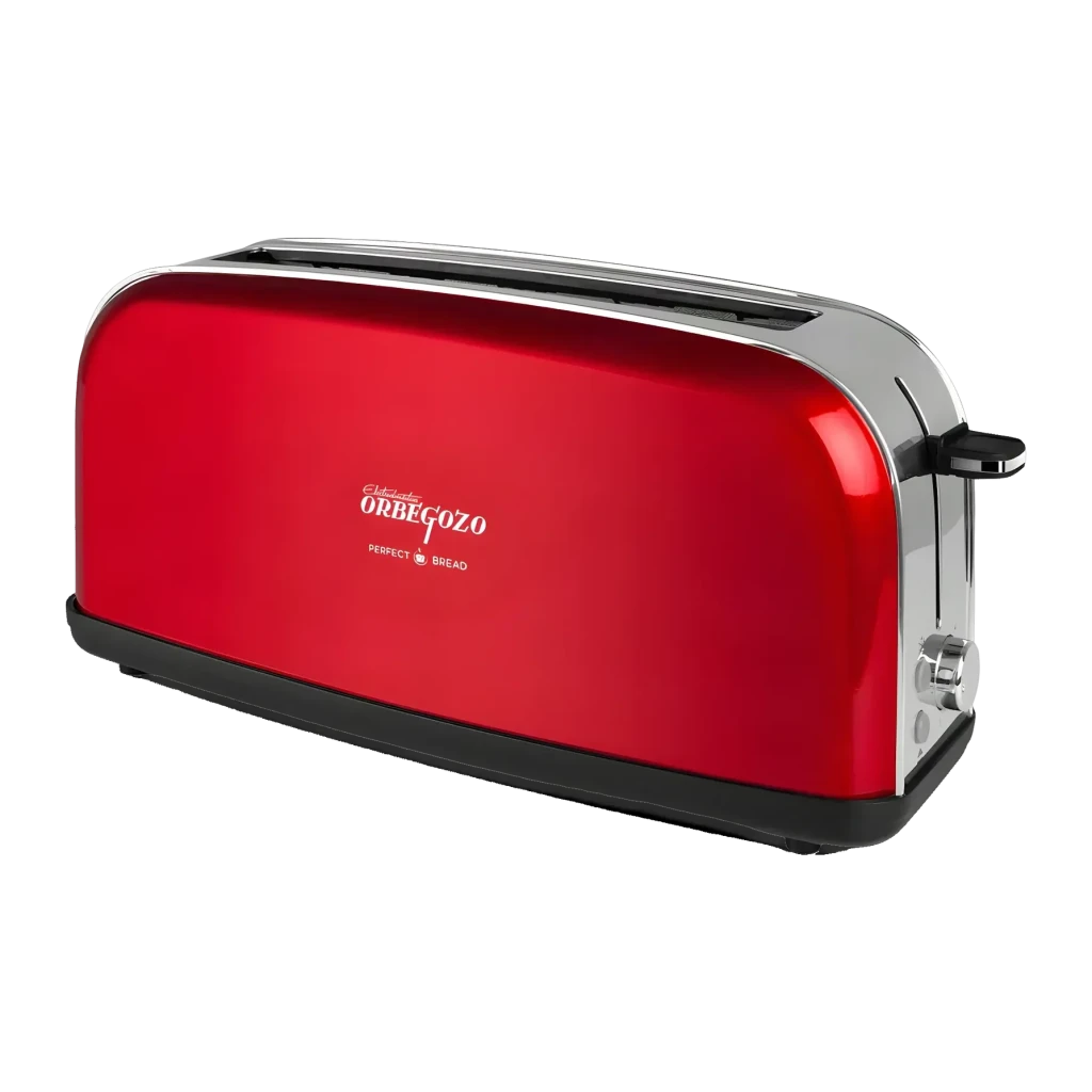 Tostadora Orbegozo TOV 6200 850W Ranura Extraancha 3,5cm Rojo, vista frontal: cuerpo rojo brillante con ranura larga