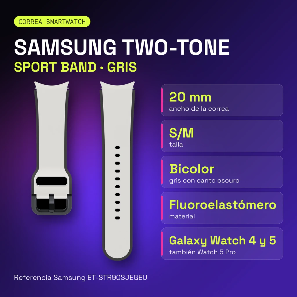 Correa smartwatch Samsung Two-tone Sport Band 20mm Galaxy Watch 5 S/M Gris, infografía: bicolor gris con canto oscuro