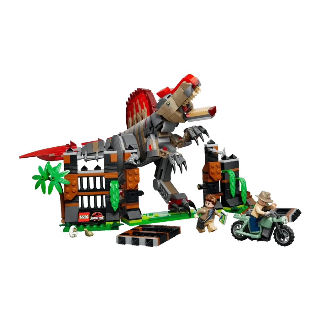 Set LEGO Jurassic World Huida del Spinosaurus 77982 820 piezas 9+ años, vista frontal: dinosaurio destruyendo puerta con 2