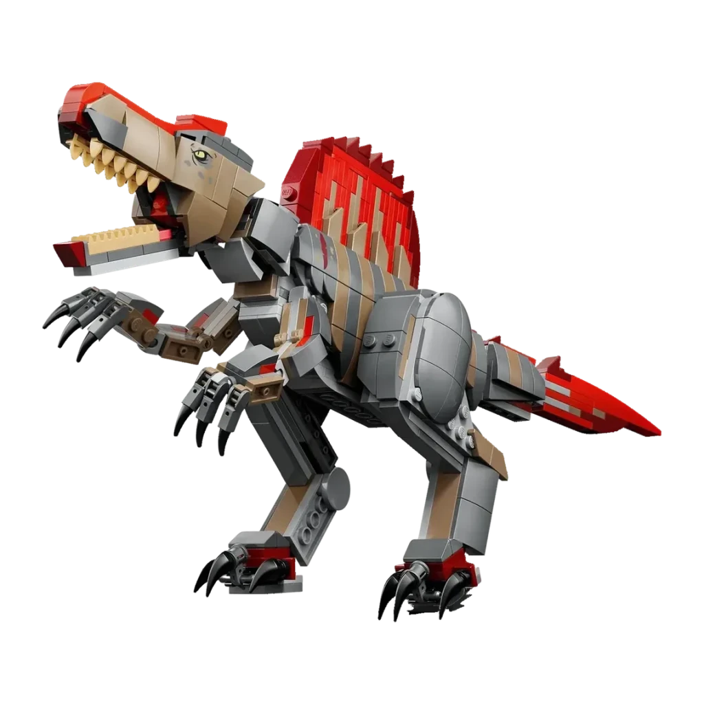 Set LEGO Jurassic World Huida del Spinosaurus 77982 820 piezas 9+ años, detalle: figura ensamblada con fauces abiertas, vela
