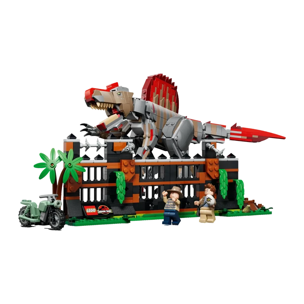 Set LEGO Jurassic World Huida del Spinosaurus 77982 820 piezas 9+ años, vista trasera: Spinosaurus gris y rojo