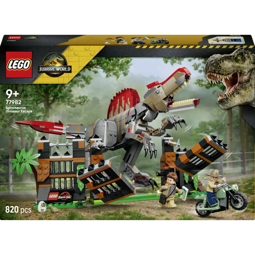 Set LEGO Jurassic World Huida del Spinosaurus 77982 820 piezas 9+ años, contenido de la caja: Spinosaurus destruyendo