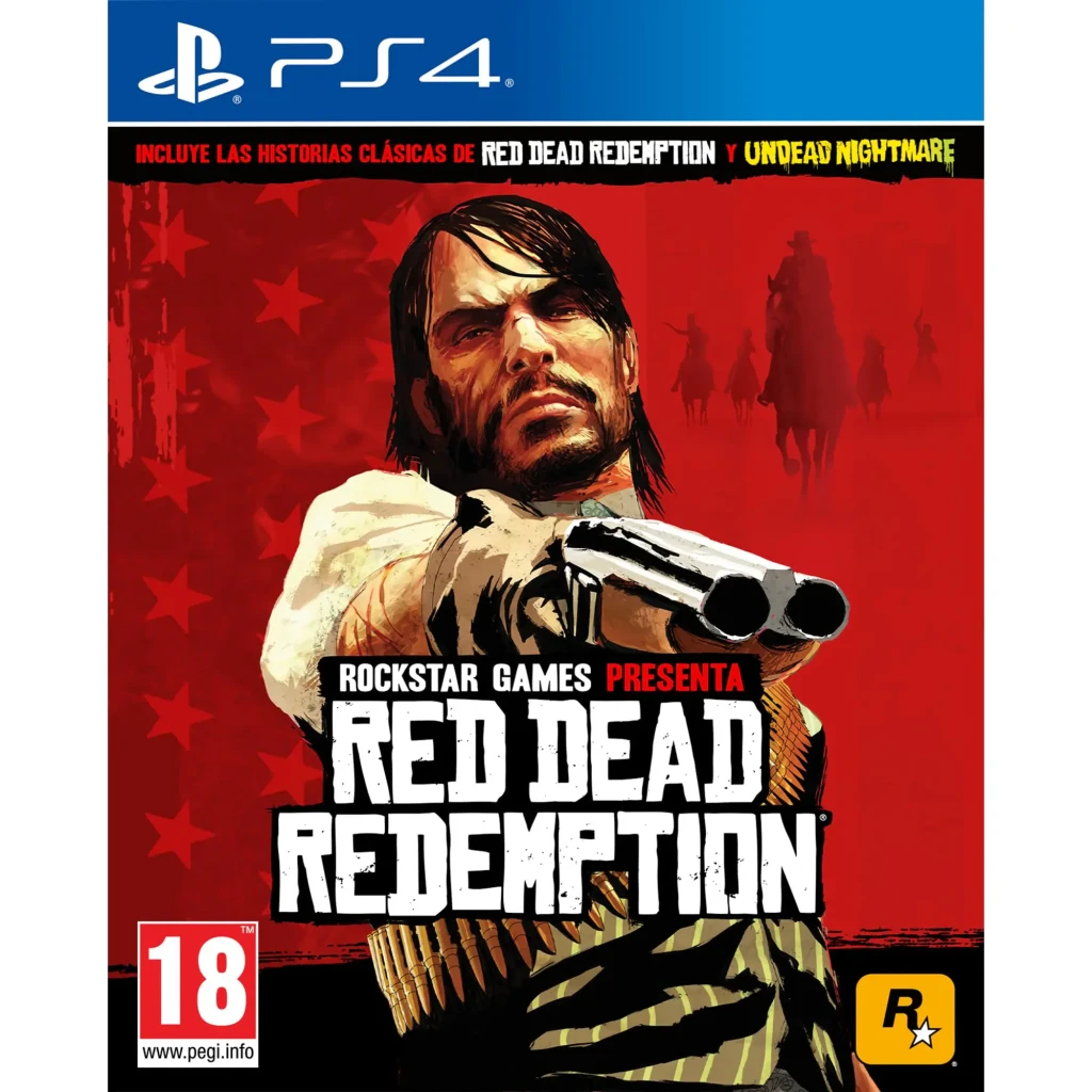 Videojuego Rockstar Games Red Dead Redemption PS4, vista frontal: carátula roja con protagonista armado, logo PS4