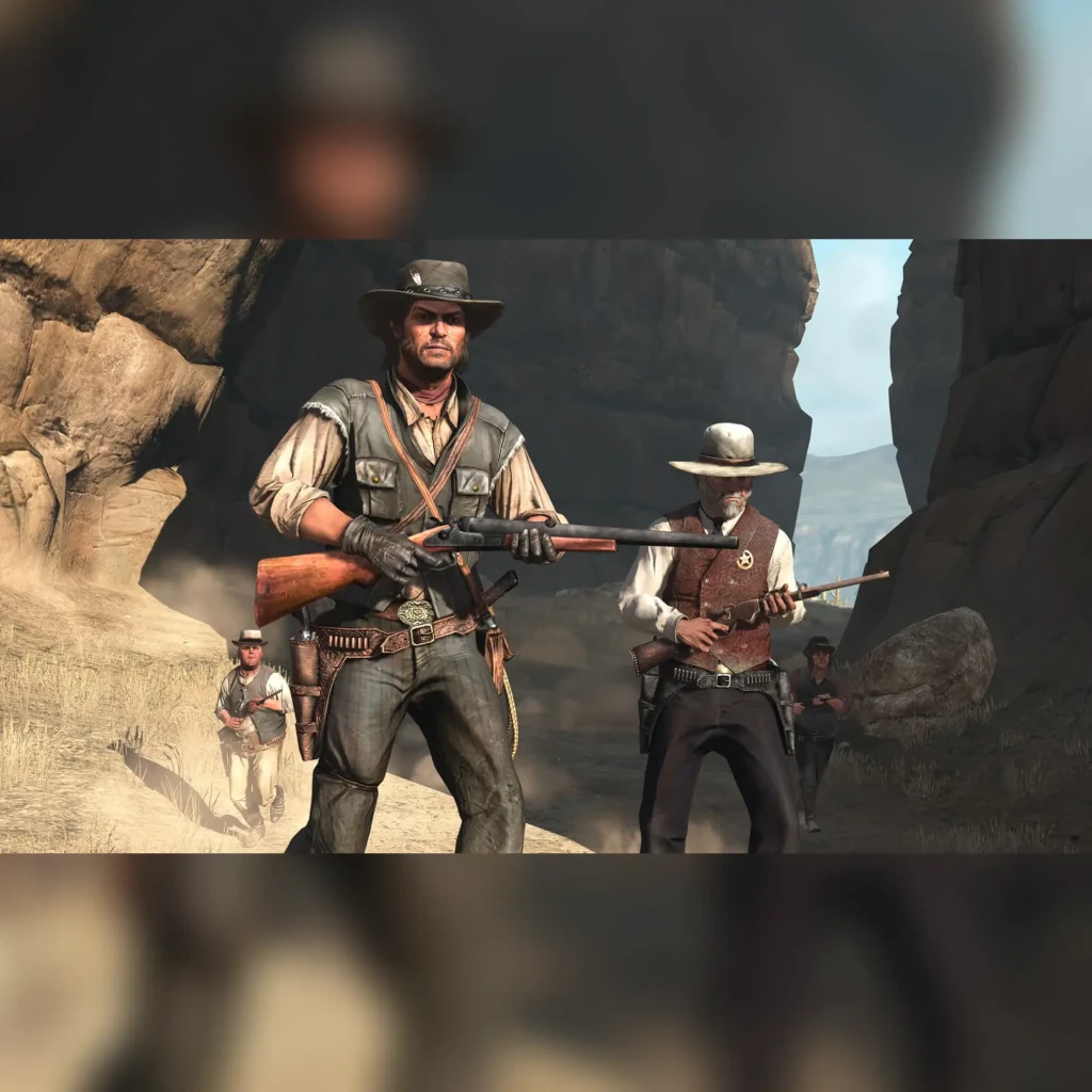 Videojuego Rockstar Games Red Dead Redemption PS4, en uso: vaquero con rifle y sheriff con estrella en cañón rocoso