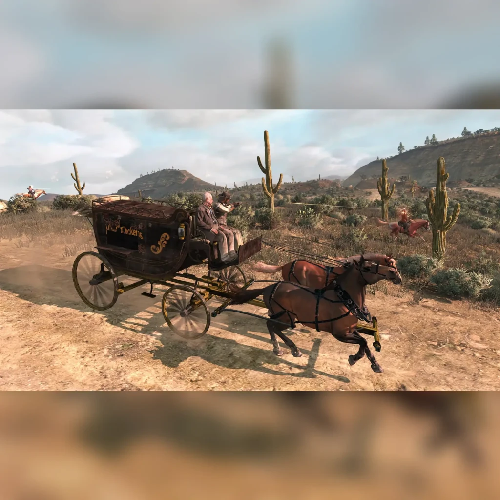 Videojuego Rockstar Games Red Dead Redemption PS4, en uso: diligencia tirada por caballos en paisaje desértico con cactus