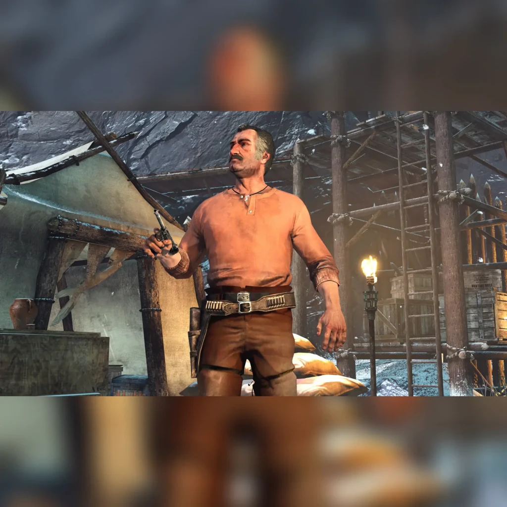 Videojuego Rockstar Games Red Dead Redemption PS4, en uso: personaje con revólver en escena de interior nevado con antorchas