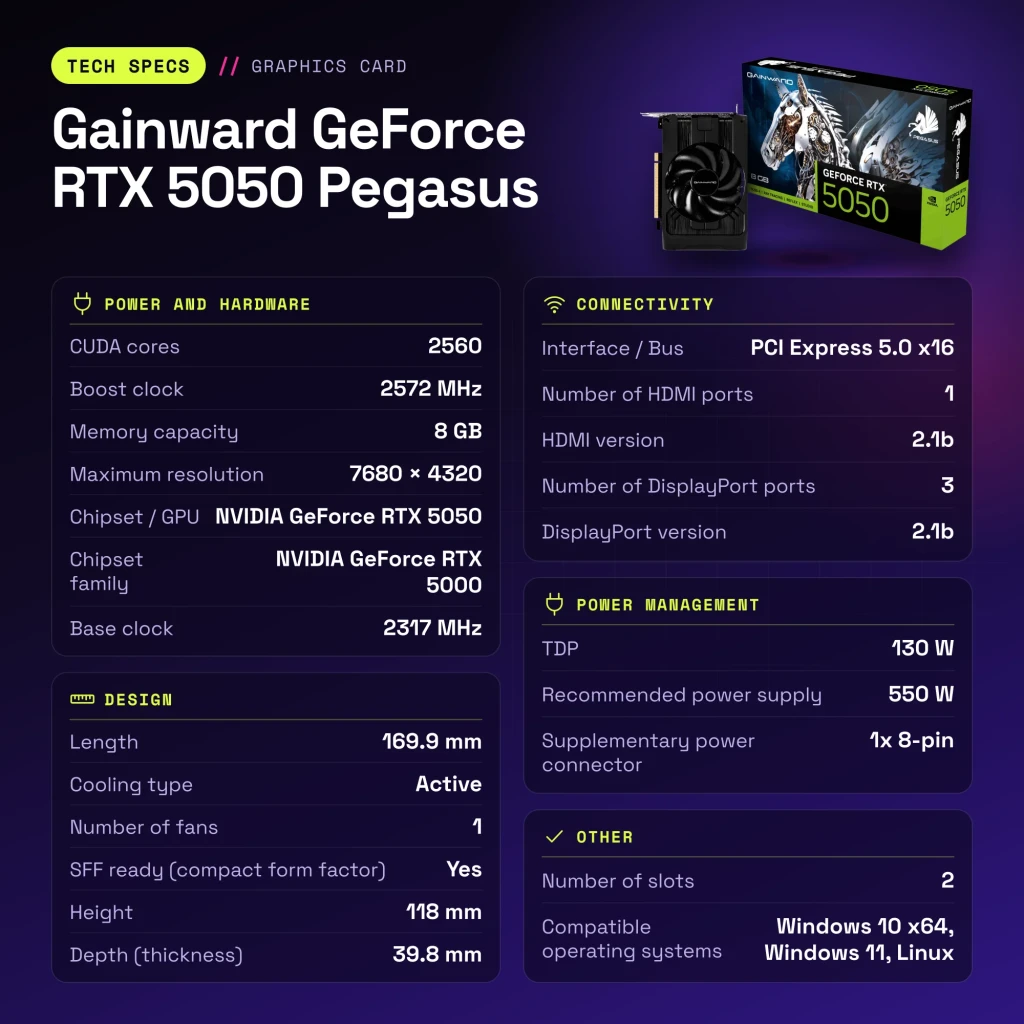 Tarjeta gráfica Gainward GeForce RTX 5050 Pegasus 8GB GDDR6 Negro - características