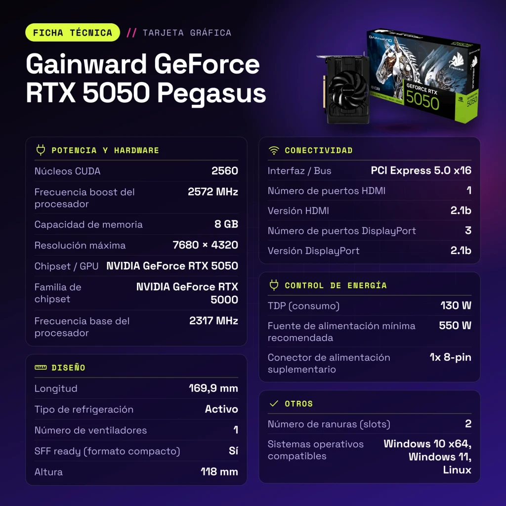 Tarjeta gráfica Gainward GeForce RTX 5050 Pegasus 8GB GDDR6 Negro - características