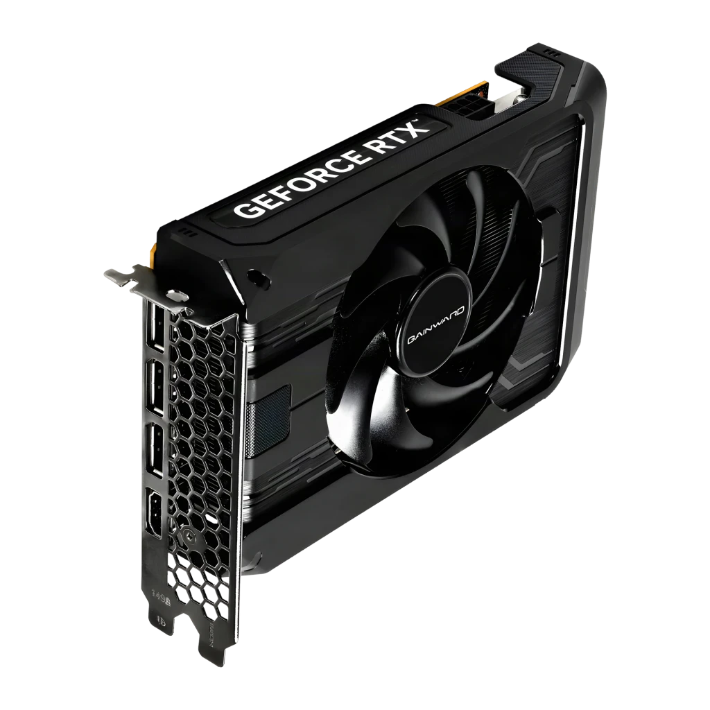 Gainward GeForce RTX 5050 Pegasus 8GB GDDR6 Negro, detalle: ventilador único, bracket con puertos y logo GeForce RTX