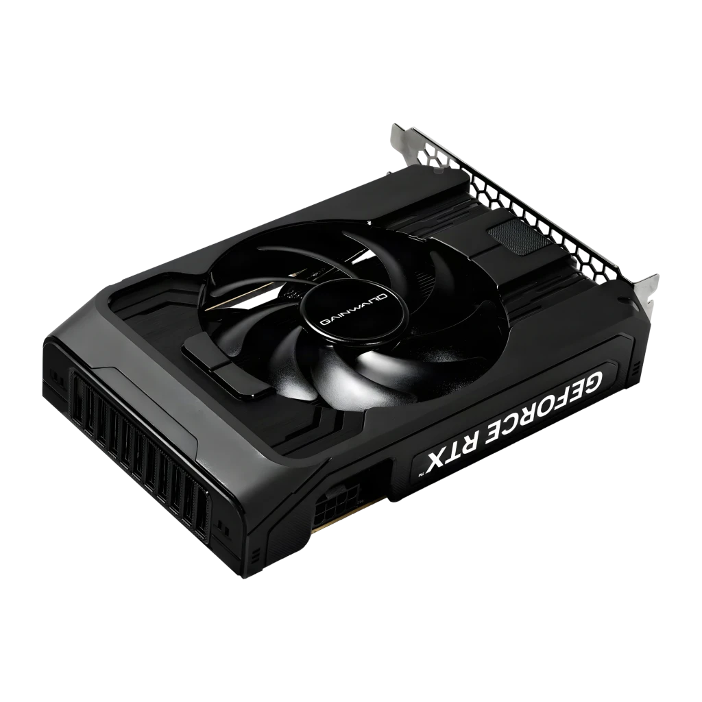 Gainward GeForce RTX 5050 Pegasus 8GB GDDR6 Negro, detalle: vista en ángulo superior con ventilador único y lateral GeForce