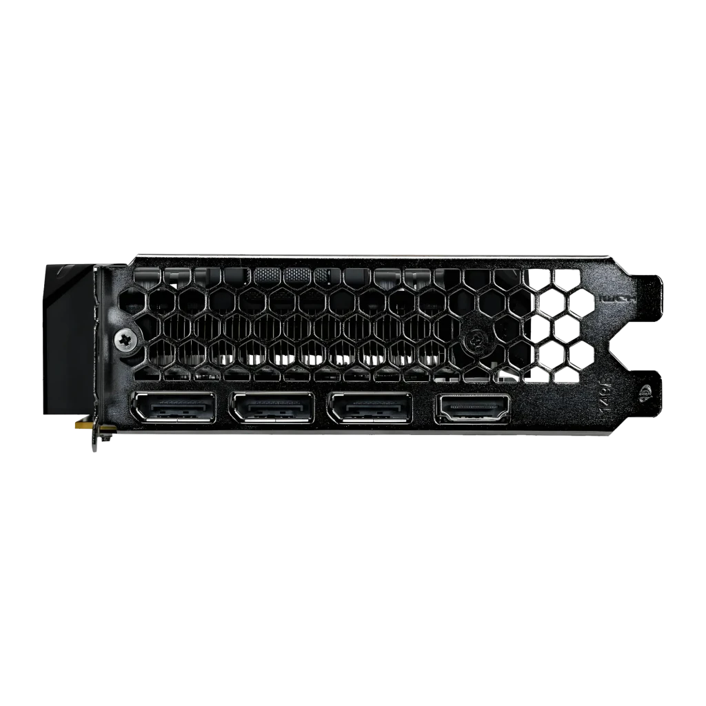 Gainward GeForce RTX 5050 Pegasus 8GB GDDR6 Negro, detalle: bracket con 3 DisplayPort y 1 HDMI y rejilla hexagonal