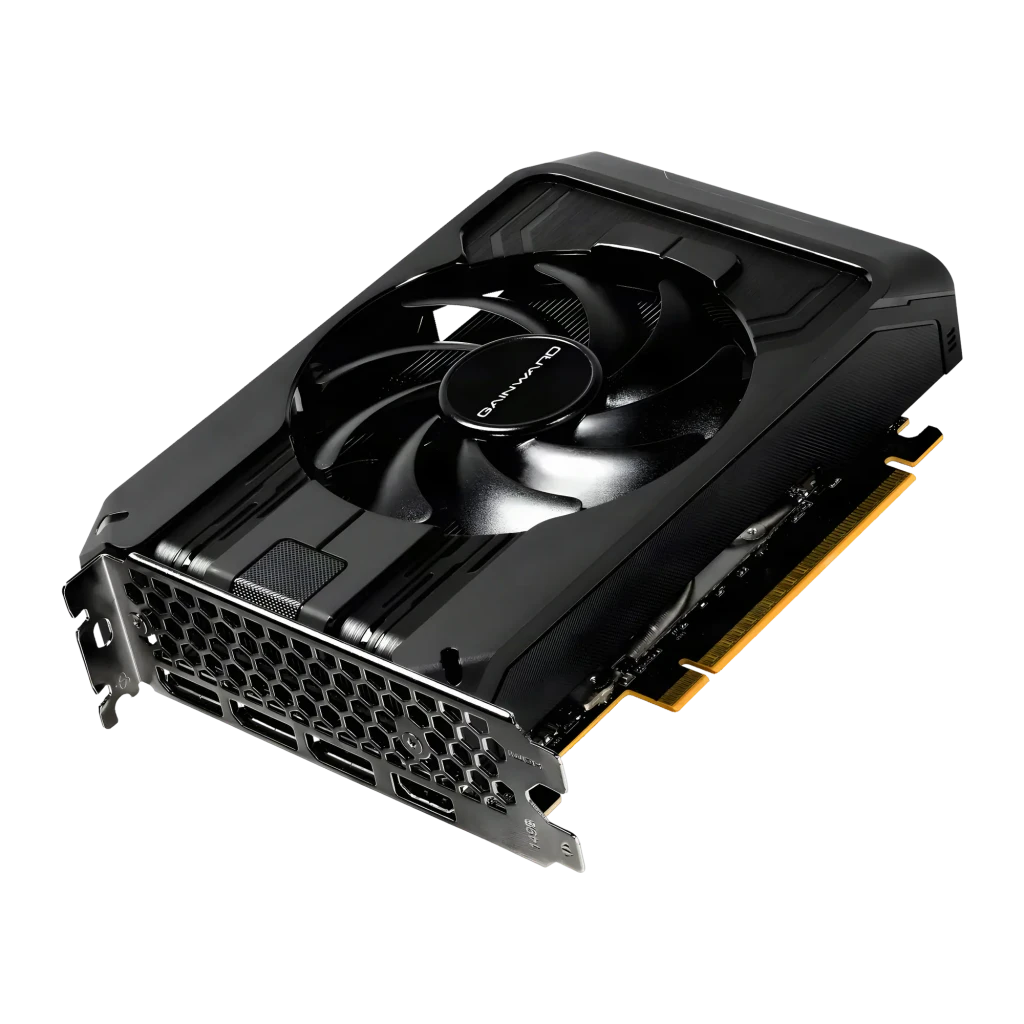 Gainward GeForce RTX 5050 Pegasus 8GB GDDR6 Negro, detalle: ventilador único, bracket con puertos y conector PCIe dorado