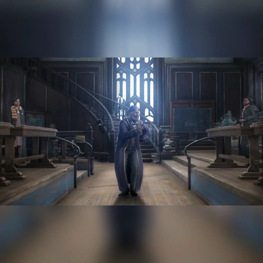 Warner Bros Hogwarts Legacy Standard Nintendo Switch, em uso: professor em sala de magia com estudantes e escadaria gótica