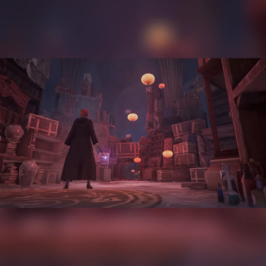 Warner Bros Hogwarts Legacy Standard Nintendo Switch, em uso: mago de costas numa sala escura com lanternas flutuantes