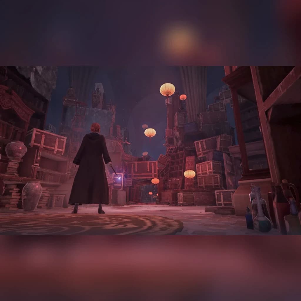 Warner Bros Hogwarts Legacy Standard Nintendo Switch, em uso: mago de costas numa sala escura com lanternas flutuantes