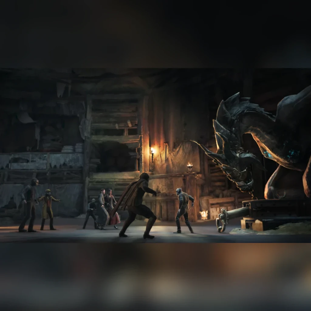 Warner Bros Hogwarts Legacy Standard Nintendo Switch, em uso: cena de combate com dragão acorrentado em masmorra escura