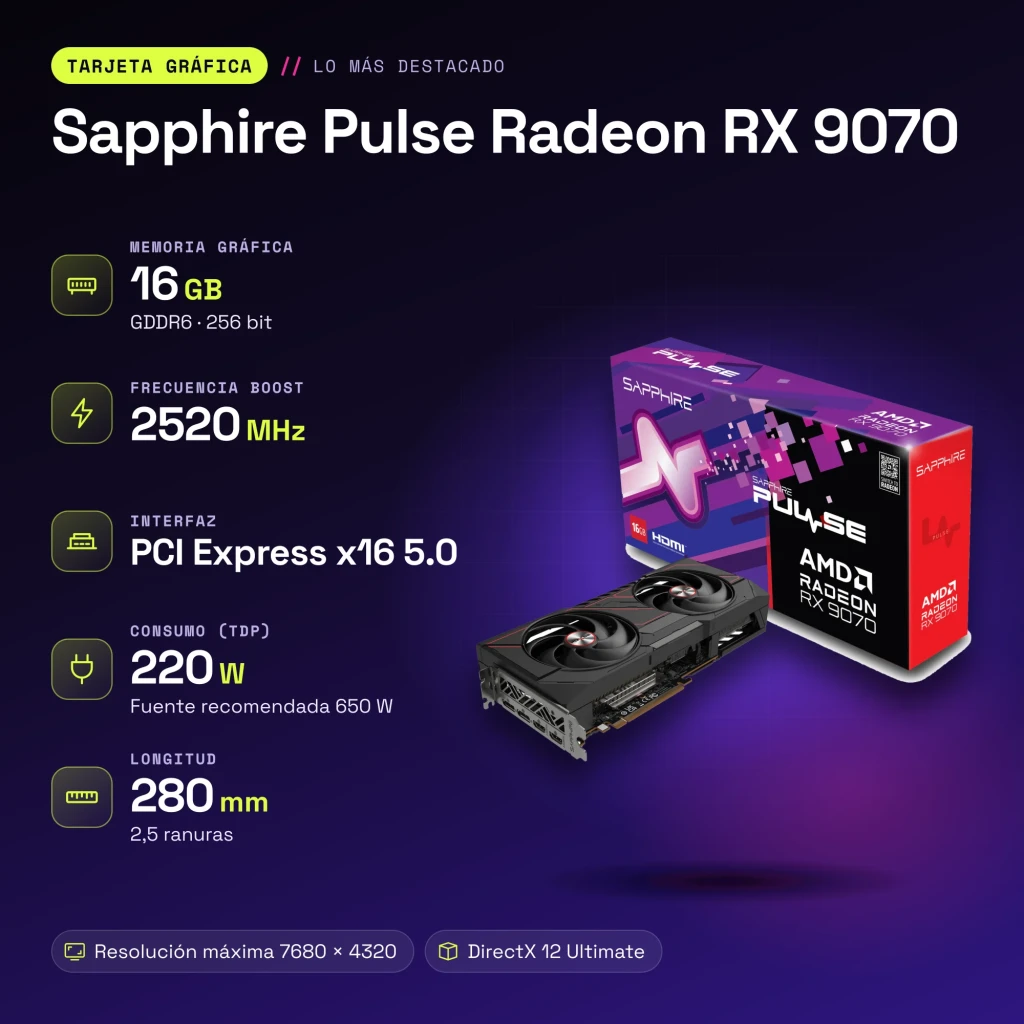 Tarjeta Gráfica Sapphire Pulse Radeon RX 9070 16GB GDDR6 Negro - características