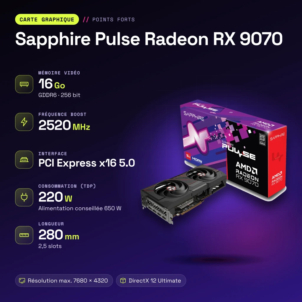 Carte Graphique Sapphire Pulse Radeon RX 9070 16 Go GDDR6 Noir - caractéristiques