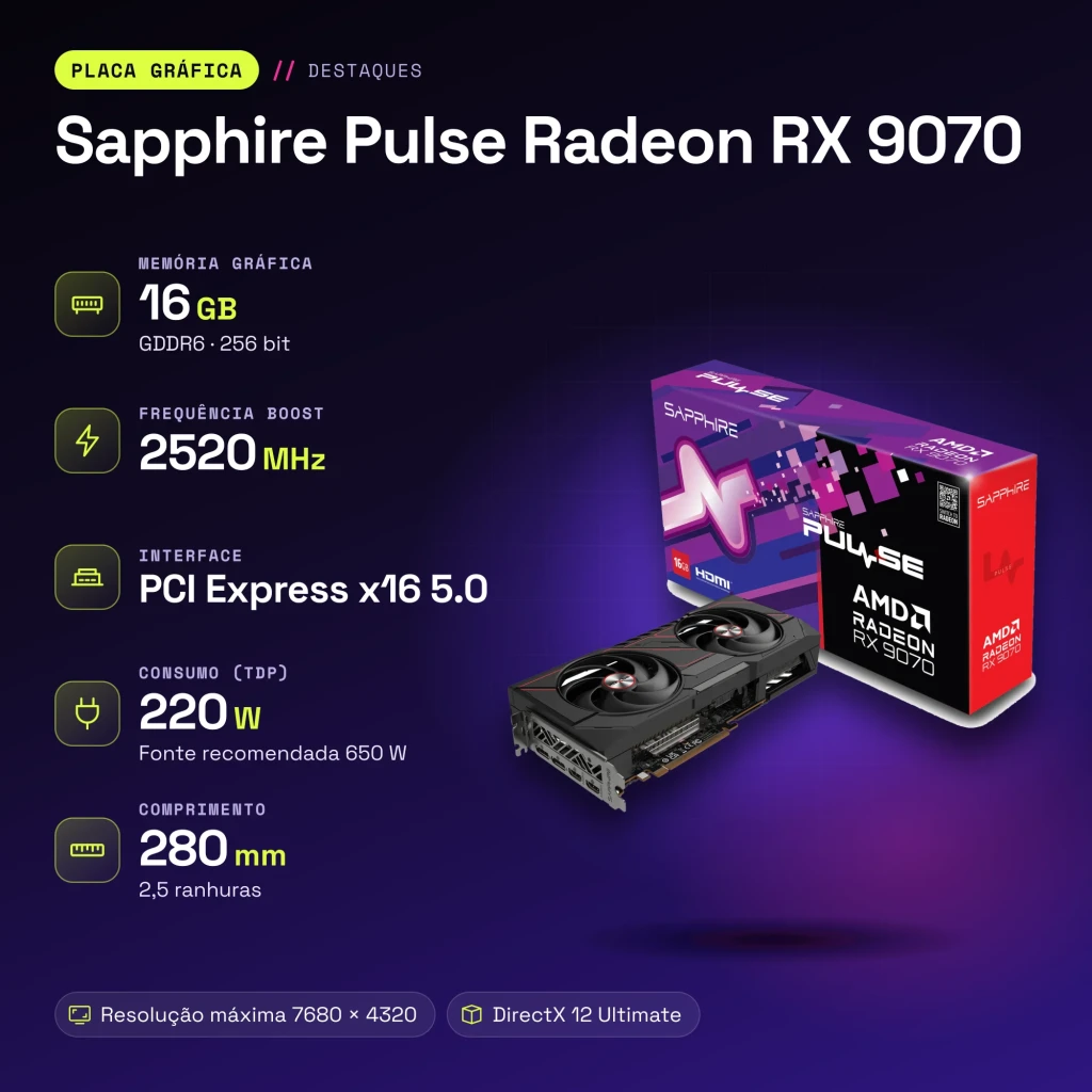Placa Gráfica Sapphire Pulse Radeon RX 9070 16GB GDDR6 Preto - características