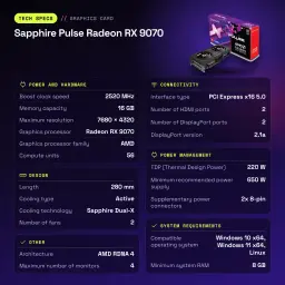 Tarjeta Gráfica Sapphire Pulse Radeon RX 9070 16GB GDDR6 Negro - características