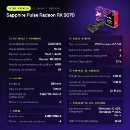 Tarjeta Gráfica Sapphire Pulse Radeon RX 9070 16GB GDDR6 Negro - características
