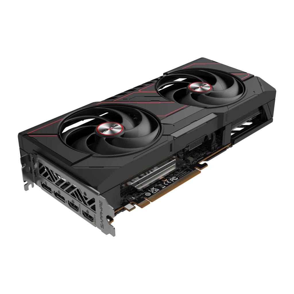 Sapphire Pulse Radeon RX 9070 16GB GDDR6 Negro, vista frontal: dos ventiladores con acento rojo, bracket con puertos y PCB