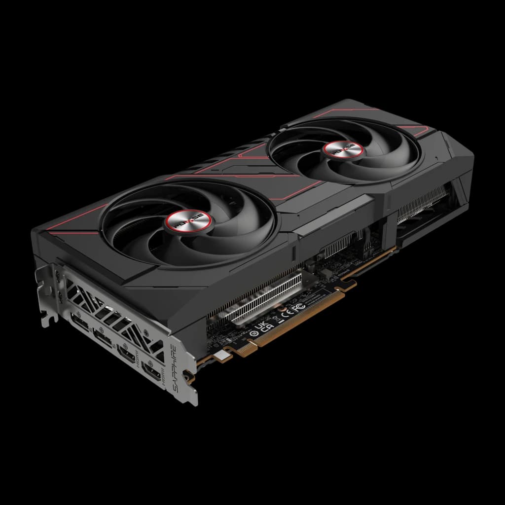 Sapphire Pulse Radeon RX 9070 16GB GDDR6 Negro, vista frontal: dos ventiladores con acento rojo, bracket con puertos y PCB