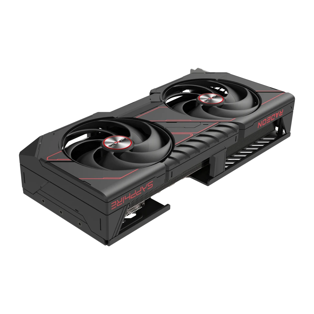 Sapphire Pulse Radeon RX 9070 16GB GDDR6 Negro, detalle: vista en ángulo superior con dos ventiladores y detalles rojos