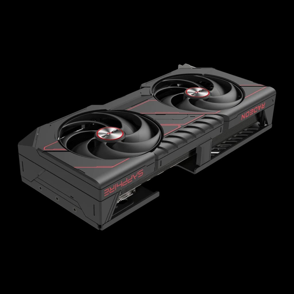 Sapphire Pulse Radeon RX 9070 16GB GDDR6 Negro, detalle: vista en ángulo superior con dos ventiladores y detalles rojos
