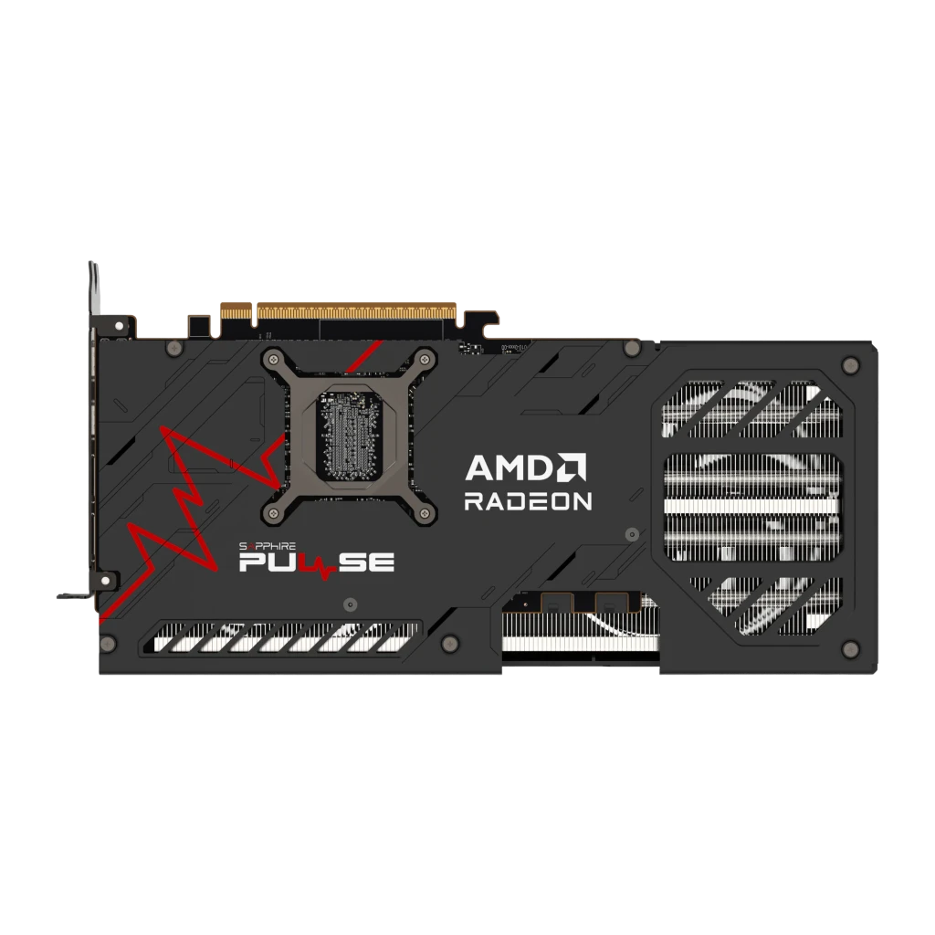 Sapphire Pulse Radeon RX 9070 16GB GDDR6 Negro, vista trasera: backplate negro con logo AMD Radeon, diseño Pulse en rojo