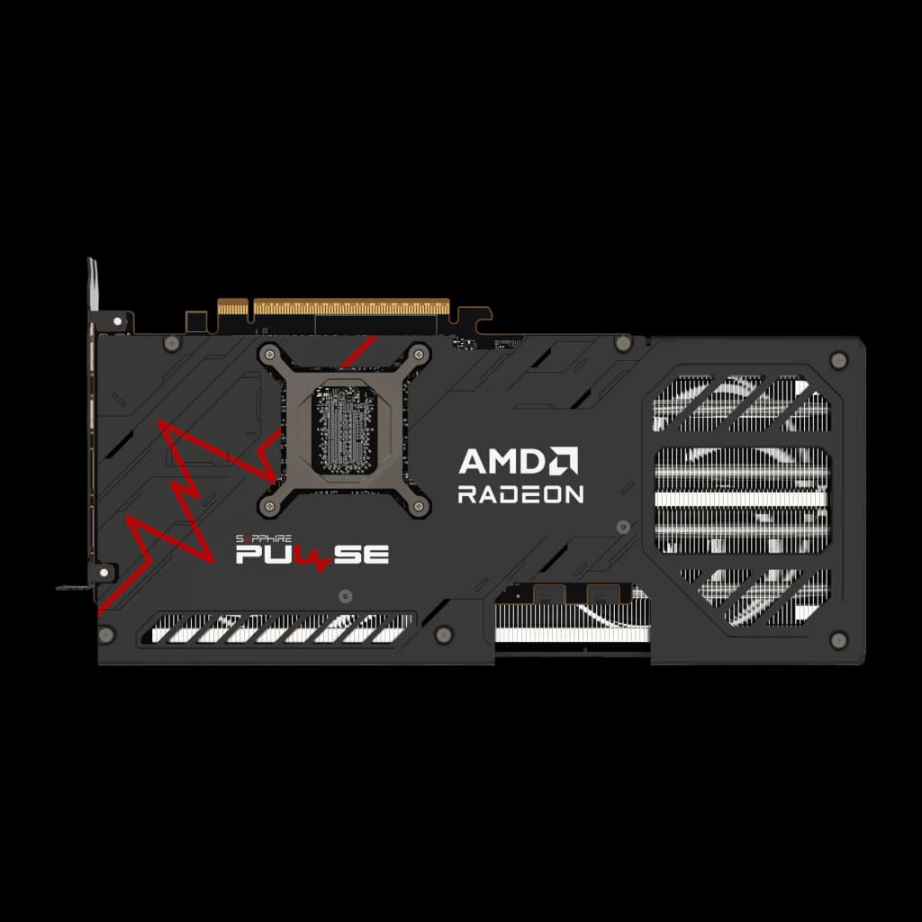Sapphire Pulse Radeon RX 9070 16GB GDDR6 Negro, vista trasera: backplate negro con logo AMD Radeon, diseño Pulse en rojo