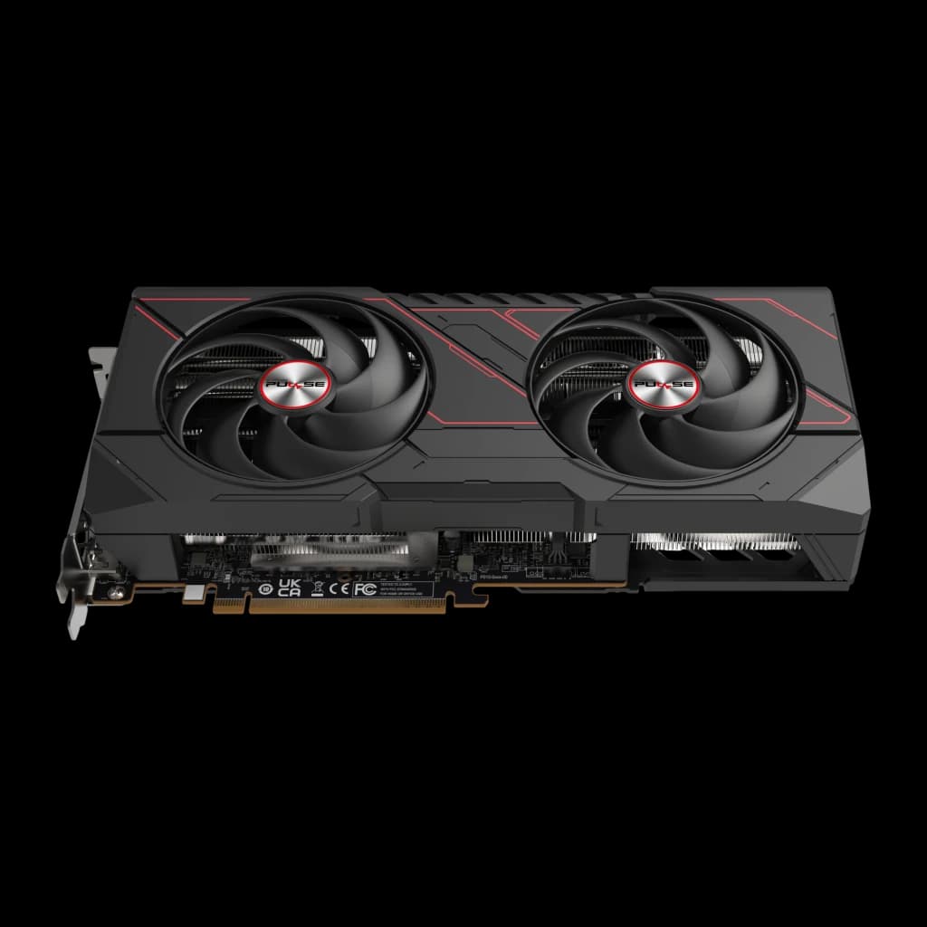 Sapphire Pulse Radeon RX 9070 16GB GDDR6 Negro, detalle: dos ventiladores con logo Pulse en rojo y shroud negro con líneas