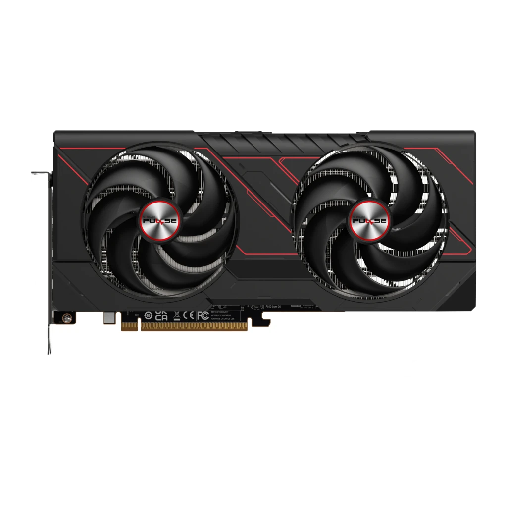 Sapphire Pulse Radeon RX 9070 16GB GDDR6 Negro, detalle: dos ventiladores con logo Pulse en rojo y shroud negro con líneas