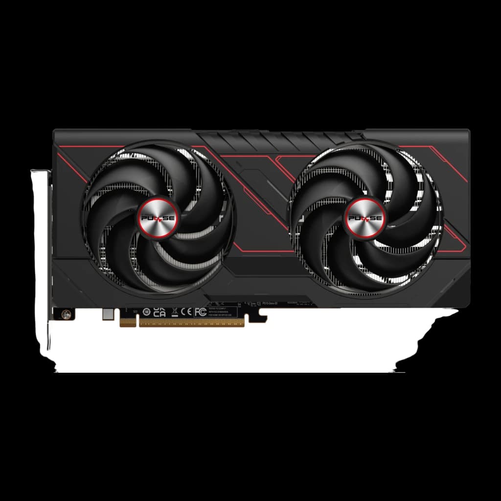 Sapphire Pulse Radeon RX 9070 16GB GDDR6 Negro, detalle: dos ventiladores con logo Pulse en rojo y shroud negro con líneas