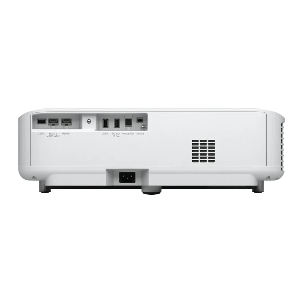 Proyector Epson Láser 4K Tiro Ultracorto 3600 Lúmenes ANSI Blanco EH-LS650W, vista trasera: puertos HDMI, USB-A, Optical Out