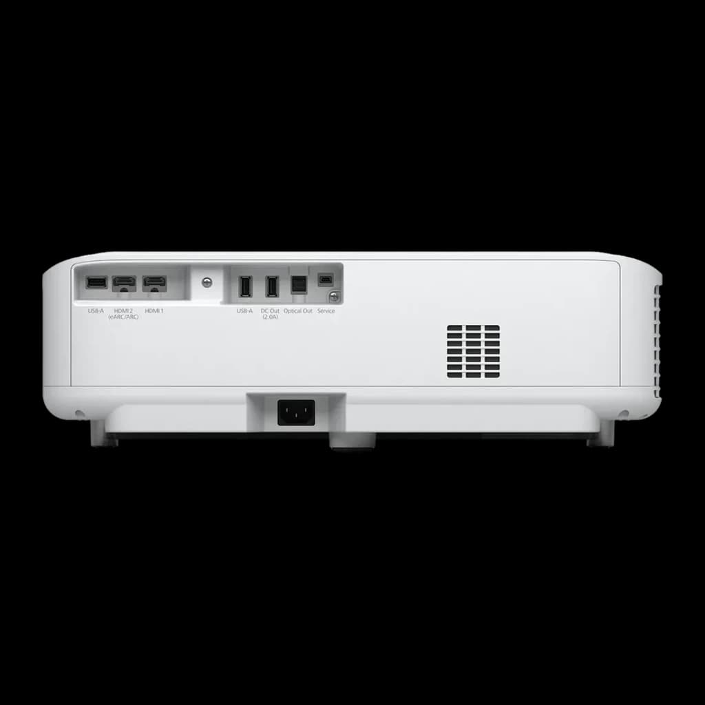 Proyector Epson Láser 4K Tiro Ultracorto 3600 Lúmenes ANSI Blanco EH-LS650W, vista trasera: puertos HDMI, USB-A, Optical Out