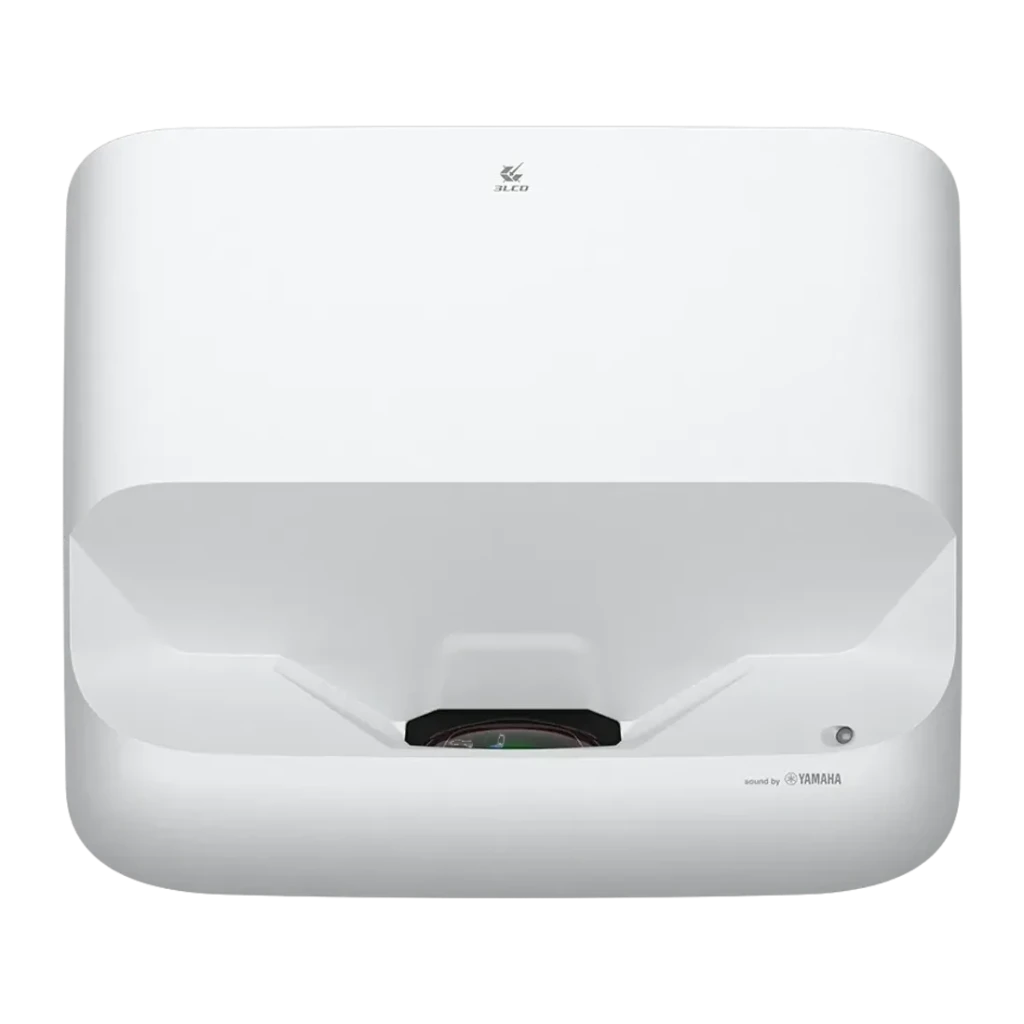Proyector Epson Láser 4K Tiro Ultracorto 3600 Lúmenes ANSI Blanco EH-LS650W, detalle frontal: lente ultracorta, logo 3LCD