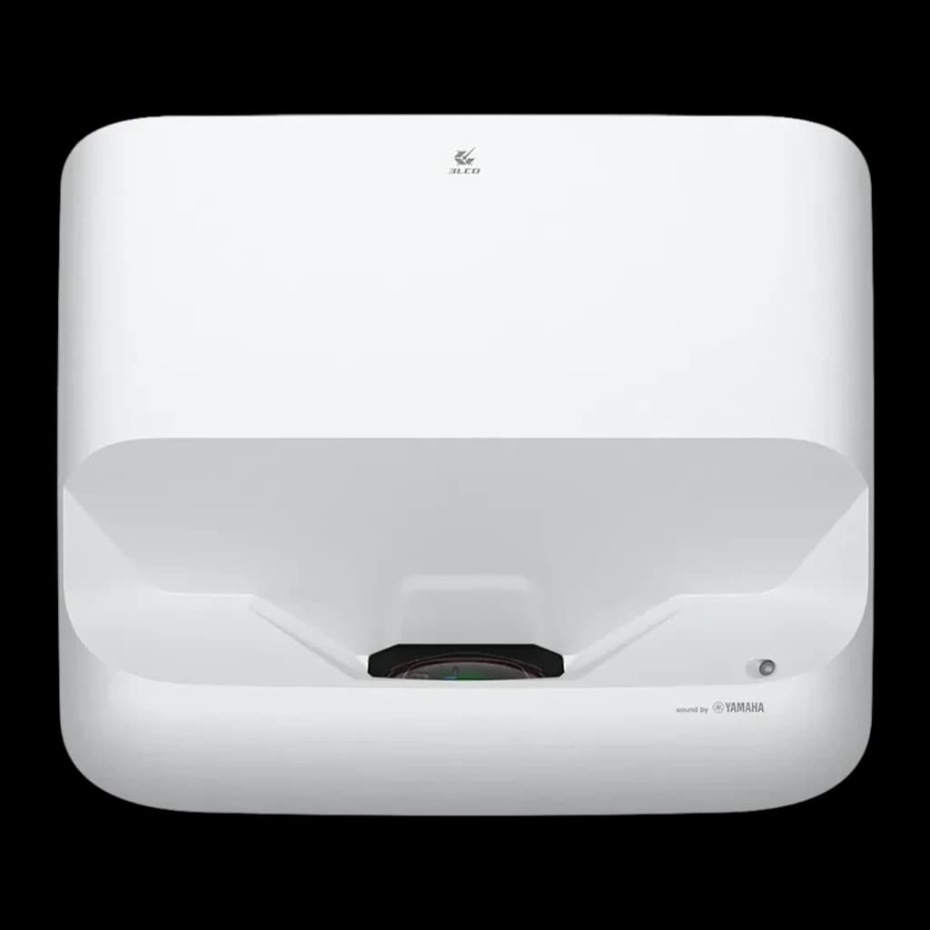 Proyector Epson Láser 4K Tiro Ultracorto 3600 Lúmenes ANSI Blanco EH-LS650W, detalle frontal: lente ultracorta, logo 3LCD