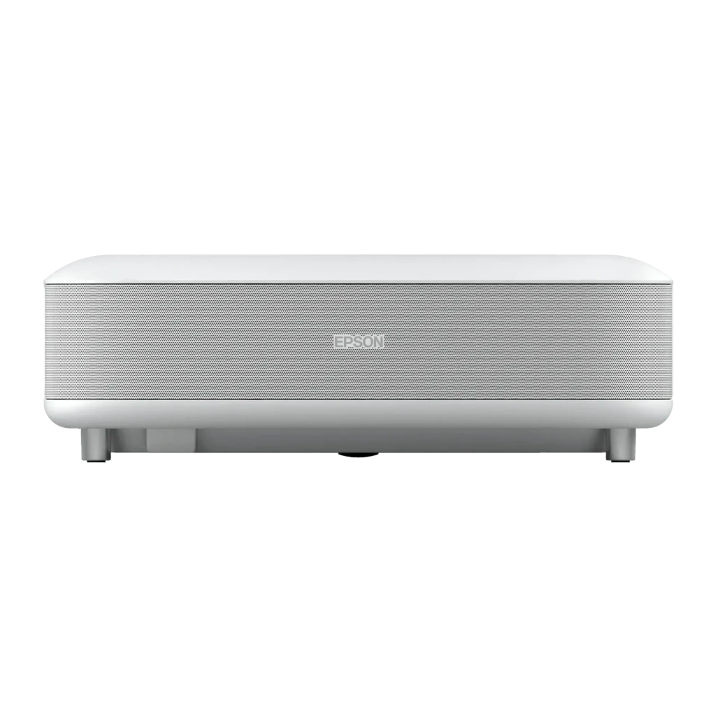 Proyector Epson Láser 4K Tiro Ultracorto 3600 Lúmenes ANSI Blanco EH-LS650W, detalle: frontal con rejilla altavoz y logo