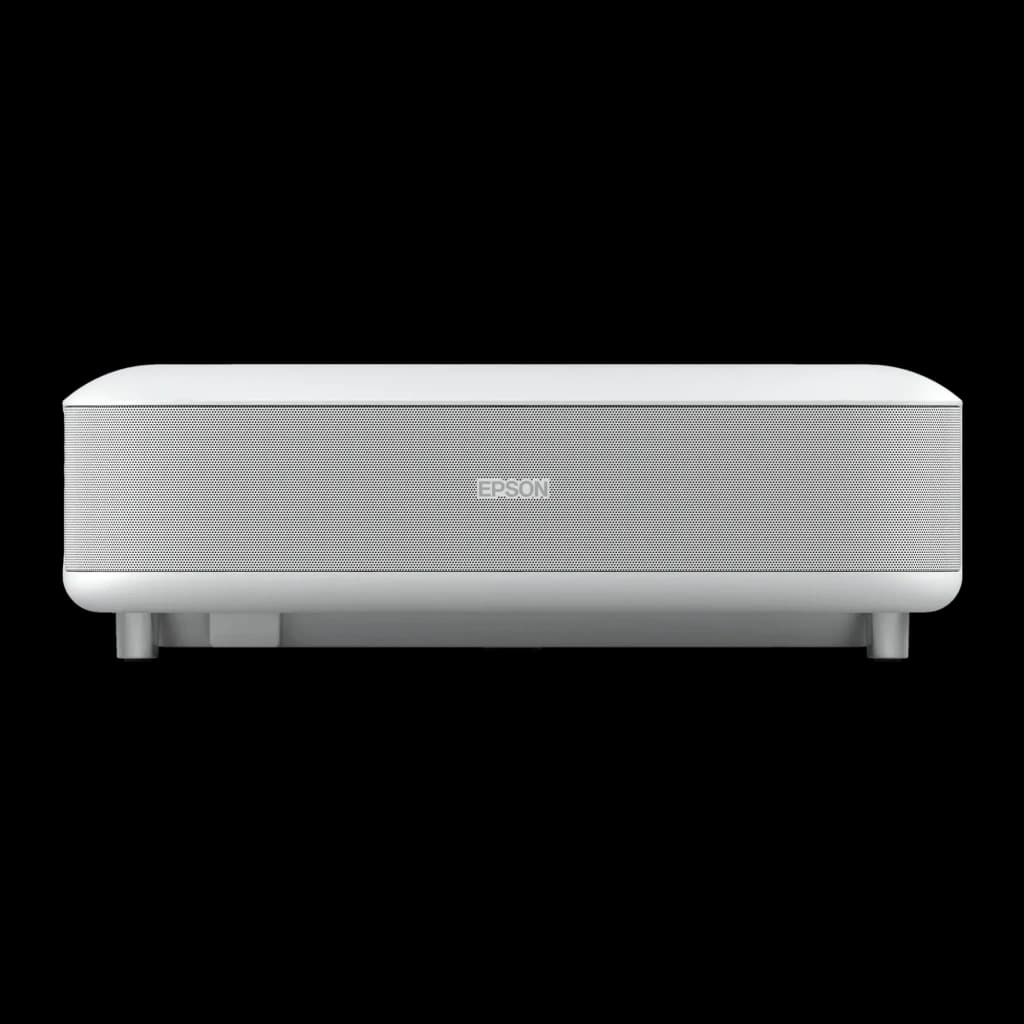 Proyector Epson Láser 4K Tiro Ultracorto 3600 Lúmenes ANSI Blanco EH-LS650W, detalle: frontal con rejilla altavoz y logo