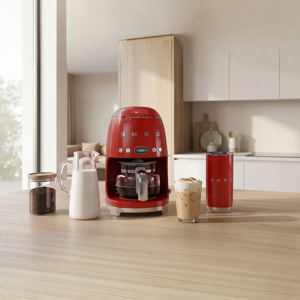 Cafetera de goteo Smeg 1,4L 1050W Rojo DCF02RDEU, en uso: sobre encimera con jarra de leche, bote de café y vaso con café