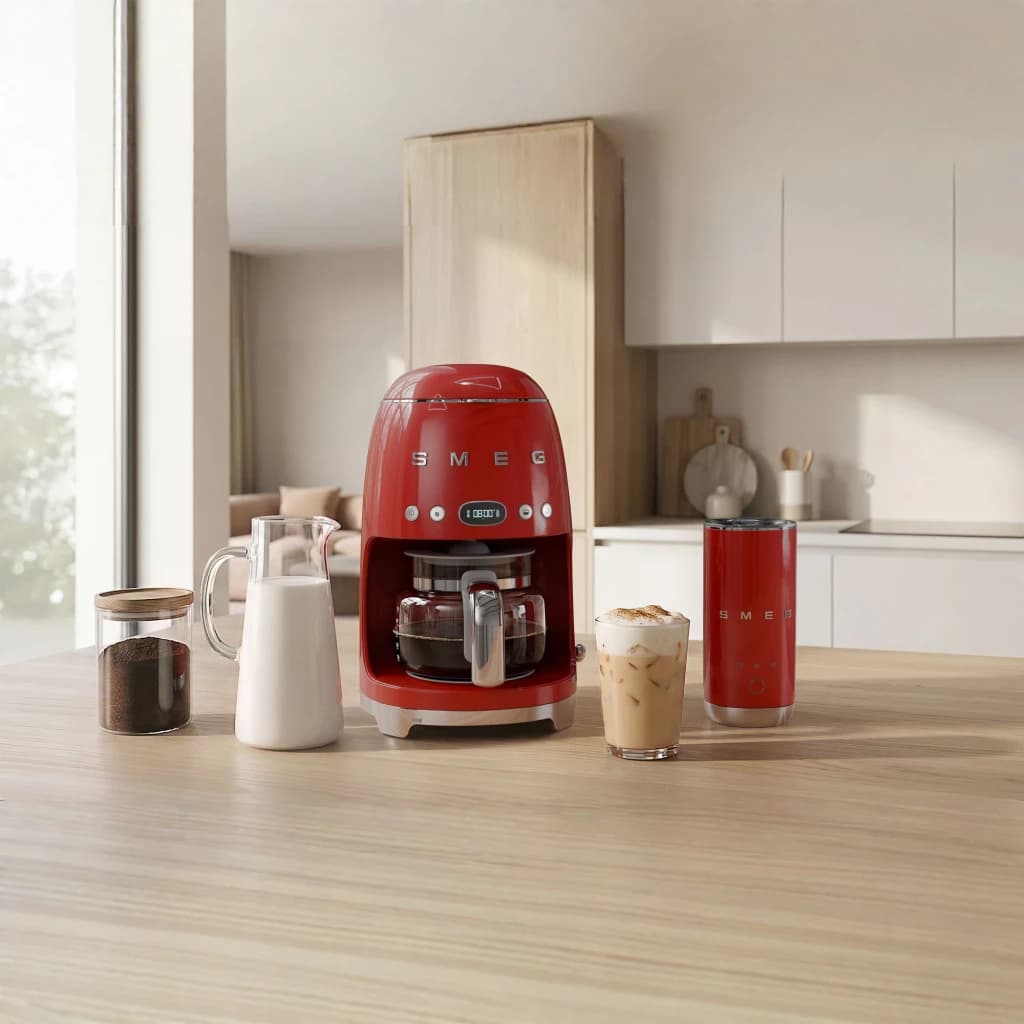 Cafetera de goteo Smeg 1,4L 1050W Rojo DCF02RDEU, en uso: sobre encimera con jarra de leche, bote de café y vaso con café