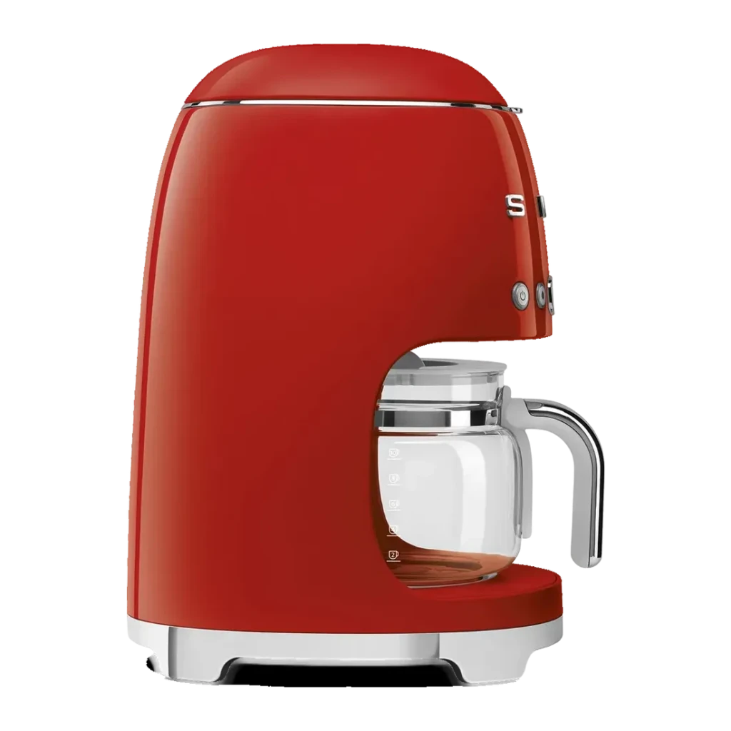 Cafetera de goteo Smeg 1,4L 1050W Rojo DCF02RDEU, detalle lateral: jarra de vidrio con escala y base cromada