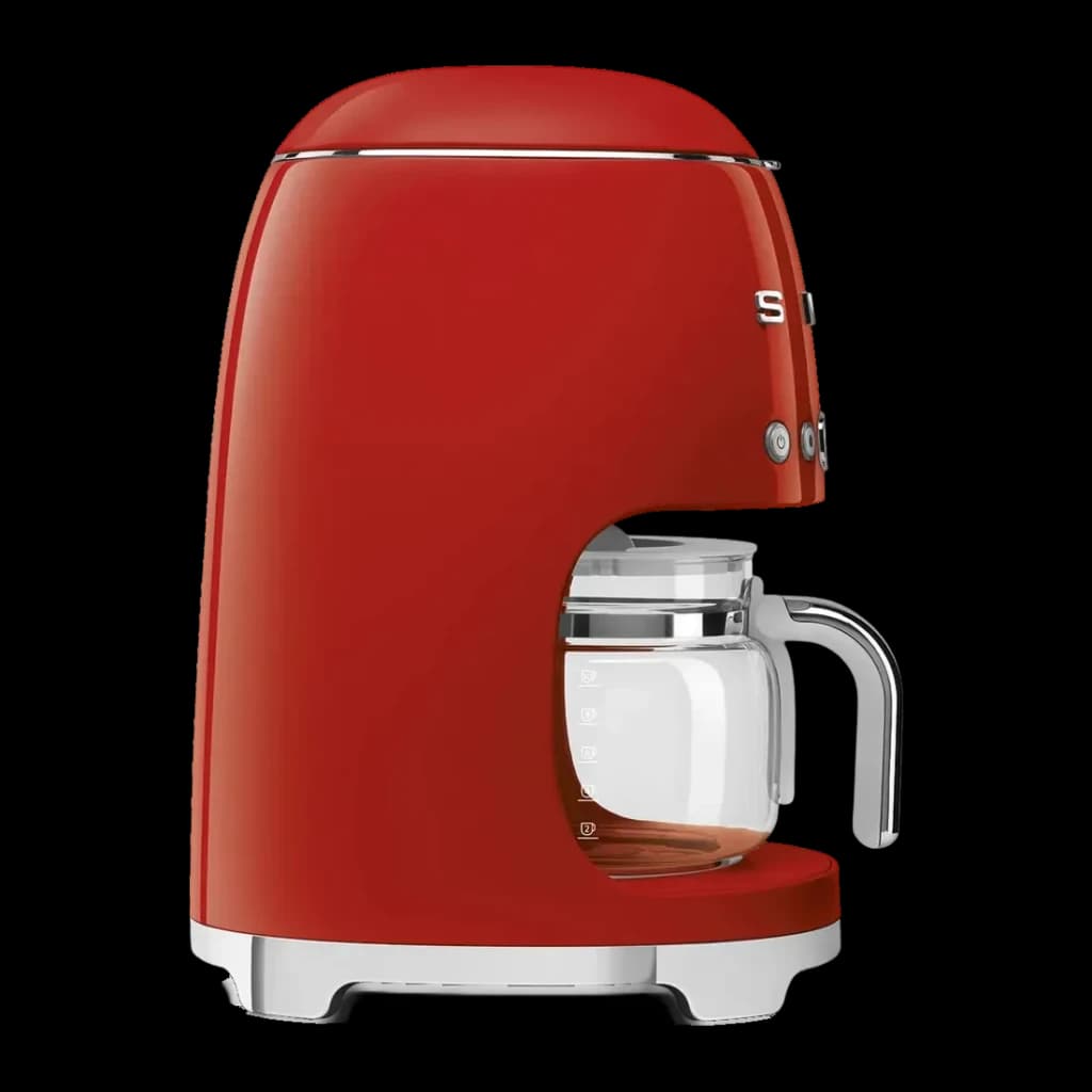 Cafetera de goteo Smeg 1,4L 1050W Rojo DCF02RDEU, detalle lateral: jarra de vidrio con escala y base cromada