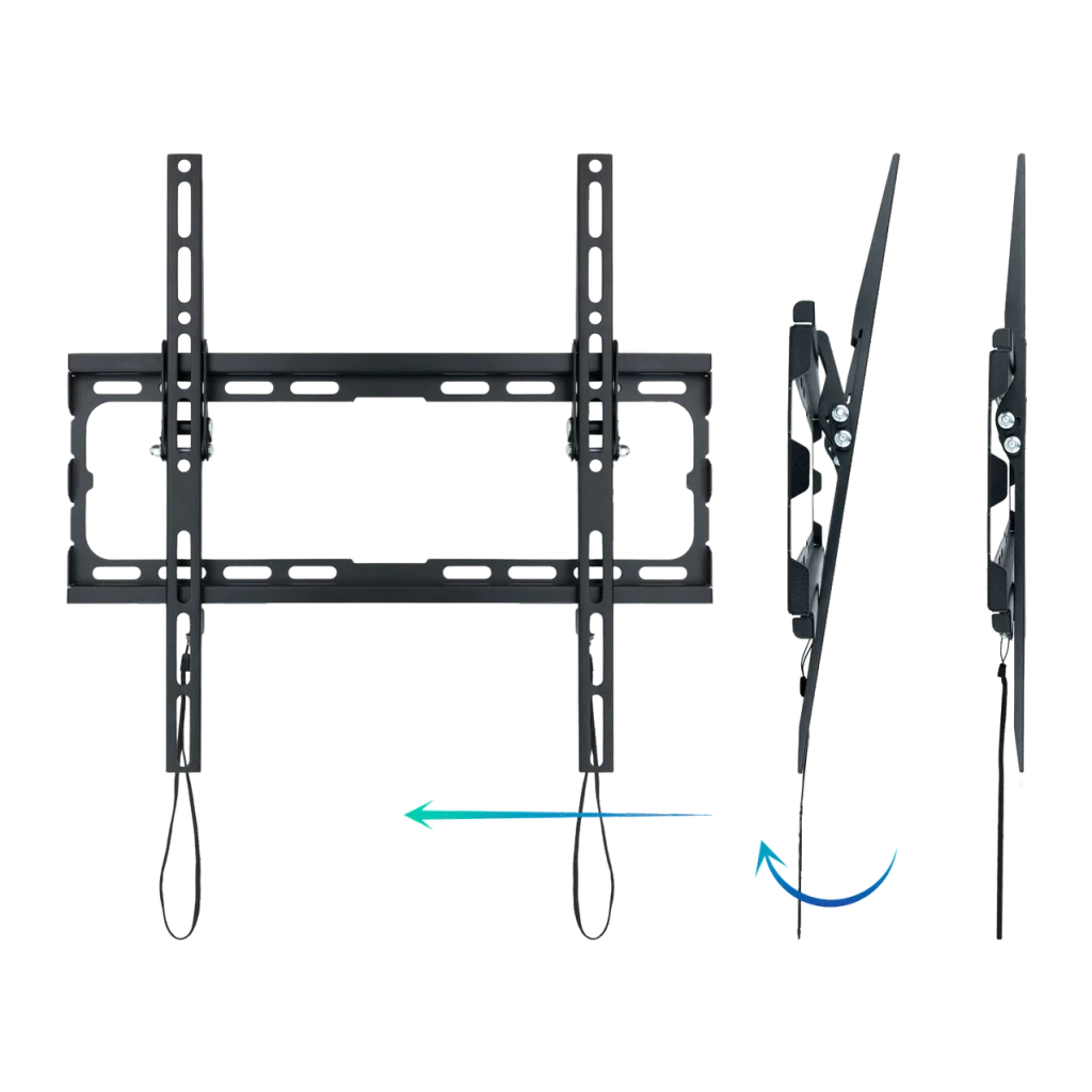 Support TV TooQ Noir Inclinable 32-70 pouces VESA 400x400 LP1071T-B, détail: vues de face et de côté avec flèches illustrant