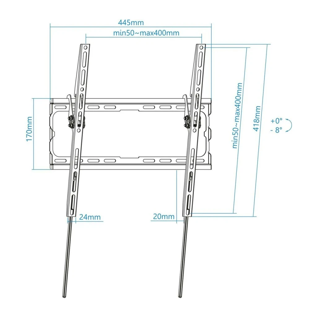 Support TV TooQ Noir Inclinable 32-70 pouces VESA 400x400 LP1071T-B, schéma technique: cotes 445mm largeur, 418mm hauteur
