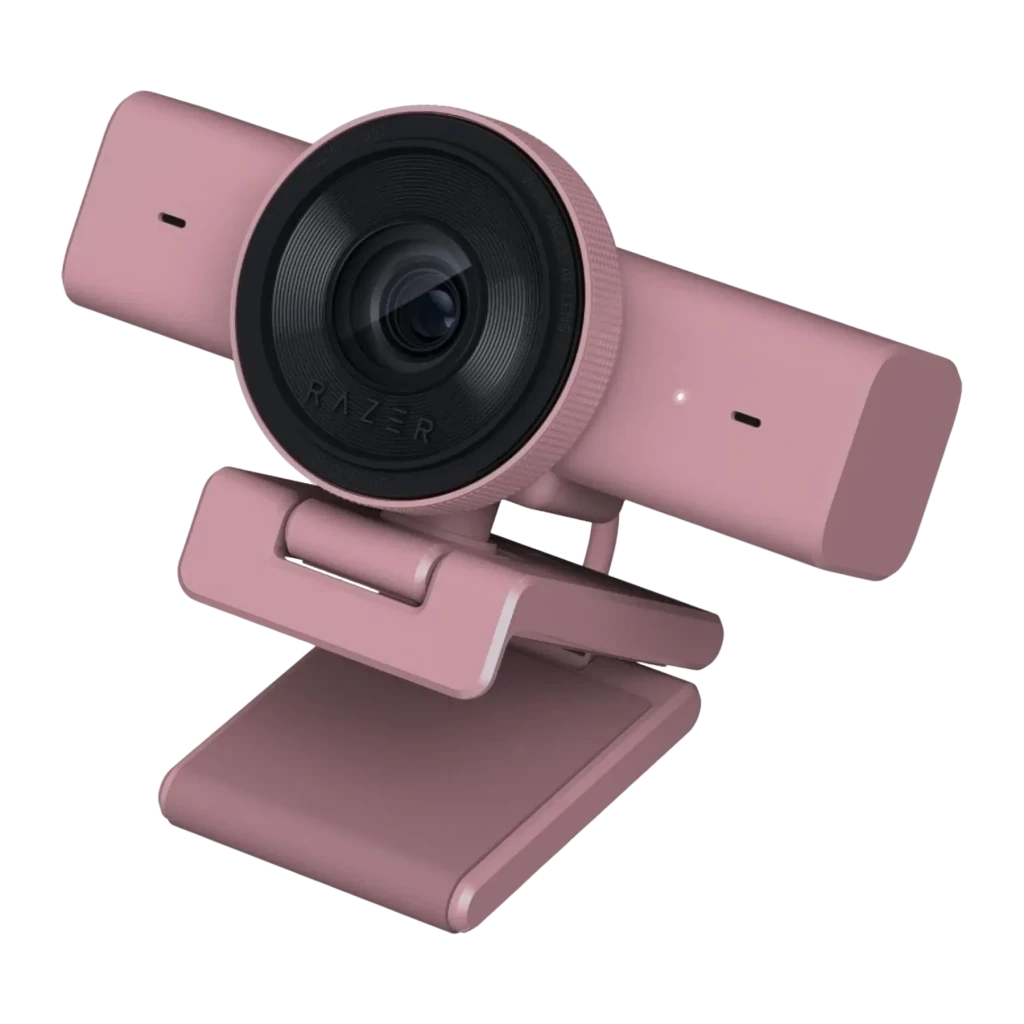 Webcam Razer Kiyo V2 X Full HD 1080p / 1440p 60fps Rosa, vista frontal: lente gran angular negro con logo Razer, cuerpo
