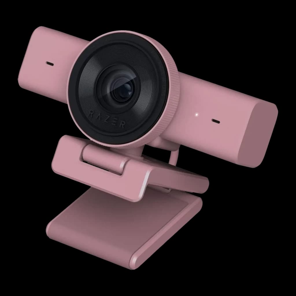 Webcam Razer Kiyo V2 X Full HD 1080p / 1440p 60fps Rosa, vista frontal: lente gran angular negro con logo Razer, cuerpo