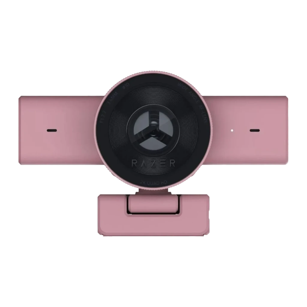 Webcam Razer Kiyo V2 X Full HD 1080p / 1440p 60fps Rosa, detalle frontal: lente circular con diseño de tres aspas y logo