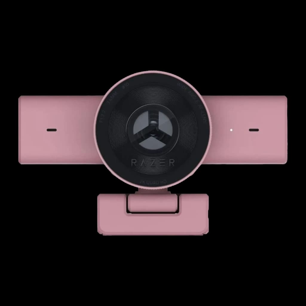Webcam Razer Kiyo V2 X Full HD 1080p / 1440p 60fps Rosa, detalle frontal: lente circular con diseño de tres aspas y logo